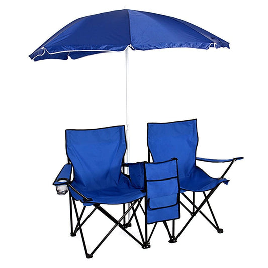 2-Seat Folding Picnic Chair with Canopy, URHOMEPRO Outdoor Beach Fishing Lightweight Camping Chairs with Beach Umbrella&Cooler&Cup Holder&Storage Pouch, for Outdoor Camping Hiking Picnic, Blue, R050